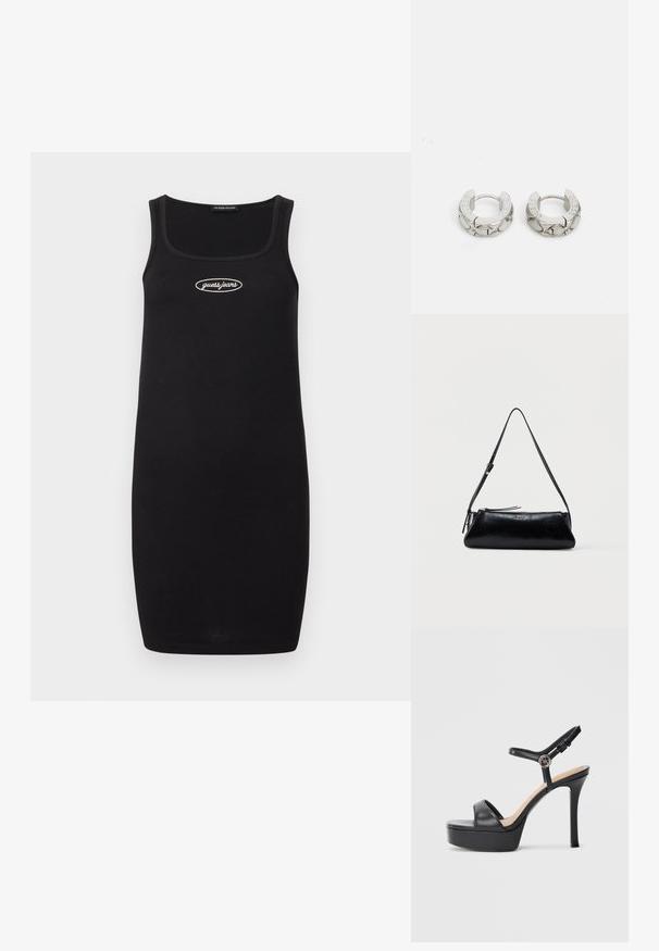 Schwarzes, geripptes Tankkleid mit einem quadratischen Ausschnitt, auf dem die weiße "guess jeans"-Logoschrift zentral auf der Brust prangt. Einfaches und tailliertes Design.; Schwarze Plateausandalen mit hohem Stiletto-Absatz, ausgestattet mit einem glatten Lederobermaterial, einem Peeptoe-Design und einem verstellbaren Knöchelriemen mit Metallbeschlägen.; Schwarze Leder-Schultertasche mit schmalem verstellbarem Riemen, Reißverschluss und kleinem Metall-„GUESS“-Logo mittig vorne.; Guess STYLISH - Ohrringe - silver-coloured