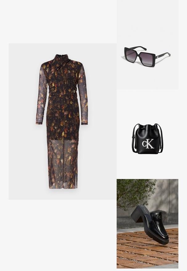 Pikad varrukad, läbinägematu kleit tumehallit floralise mustriga, millel on kõrge kaelus ja kehas rüüd, et saavutada liibuv siluett.; Mustast nahast Calvin Kleini slip-on mules, millel on plokk-konts, toetub puitplaatidele õues, lähedal rohelisele taimele ja hallile seinale.; Mustad mustad päikeseprillid, millel on gradient hallid läätsed. Läikivad raami, millel on puhtad jooned. Hõbedane logo aktsent templitel.; Mustast nahast bucket-kott lipsuga peal ja valge "cK" logoga esiküljel, millel on reguleeritav õlarihm.