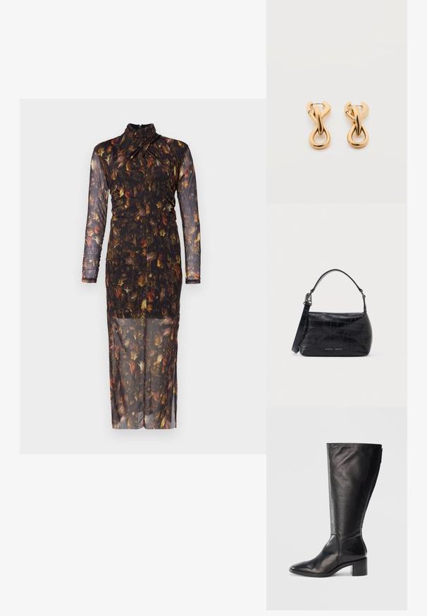 Langärmliges, transparentes Kleid mit floralem Muster in dunklen Tönen, das einen hohen Ausschnitt und Raffung entlang des Körpers für eine taillierte Silhouette aufweist.; Schwarze Lederkniehohe Stiefel mit quadratischer Spitze, Blockabsatz und schlankem Design. Glatte Textur mit einem seitlichen Reißverschluss für einfaches Anziehen.; Schwarze Schultertasche aus krokodilprägtem Leder mit Tragegriff oben und Logodruck auf der Vorderseite.; Paar glänzende goldfarbene Creolen mit verschlungenem, verdrehtem Design auf schlichten weißem Hintergrund.