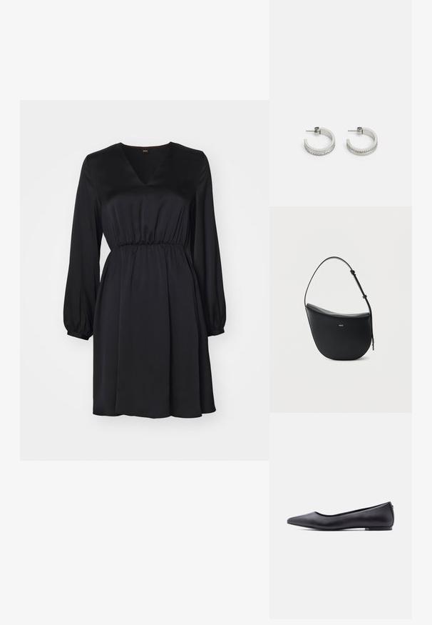 Robe en satin noir avec un décolleté en V, des manches bouffantes longues et une taille cintrée. Texture lisse, design fluide, ourlet au genou.; Chaussure plate en cuir noire à bout pointu avec petit talon, vue de profil sur fond blanc.; Sac à bandoulière en cuir noir en forme de demi-lune avec une bandoulière réglable et le logo doré « BOSS » centré sur le devant.; Boucles d'oreilles en argent en forme de créoles présentant une surface lisse et une rangée de petites pierres claires le long du bord inférieur, avec une fermeture à tige.