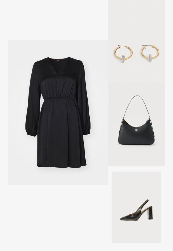 Sort satindress med V-udskæring, lange puffærmer og indsnævret talje. Glat tekstur, flydende design, knælængde.; BOSS MIAH - Pumps - black; Sort læderhåndtaske med gyldent lynlås, tynd rem og gyldent "HUGO"-logo centreret på fronten.; Par guldtonede hoop øreringe med lille sølvfarvet loop-detalje på hver, vist mod lysegrå baggrund.