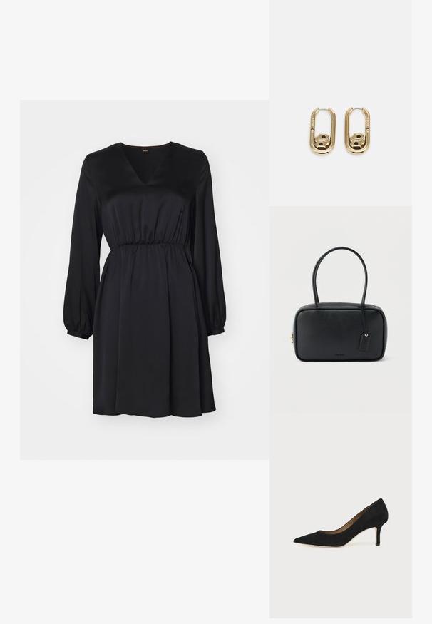 Robe en satin noir avec un décolleté en V, des manches bouffantes longues et une taille cintrée. Texture lisse, design fluide, ourlet au genou.; Escarpin en daim noir à bout pointu avec un talon stiletto fin de hauteur moyenne et un design à coupe basse sur un fond uni.; Sac à main rectangulaire noir avec doubles poignées arrondies, fermeture éclair dorée et logo "HUGO" embossé sur le devant avec une étiquette en cuir attachée.; BOSS DOUBLE B SWING - Boucles d'oreilles - gold-coloured