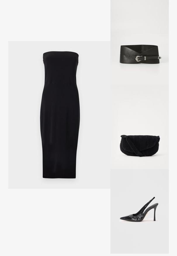Black strapless midi dress with a fitted silhouette and straight neckline, displayed on a plain white background.; Black leather slingback pump with a pointed toe, gathered texture across the front, and a high stiletto heel.; Black pleated tote bag with a rounded shape, fabric material, and a knotted accent on the strap. Features a soft texture and minimalist design.; Black leather belt with a wide design. Features a decorative silver buckle and a textured finish. Adjustable length with a simple fastening.