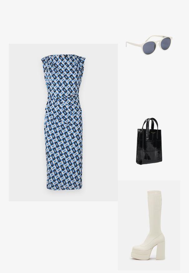 Strak aansluitende, strapless jurk in zwart, blauw en wit met een geometrisch patroon. Soepele stof met een geplooid ontwerp bij de taille. Jurk tot op de knie.; Steve Madden CYPRESS - Plateaulaarzen - off white; Witte zonnebril met ronde montuur, donkere getinte glazen en licht gebogen pootjes, rustend op een witte ondergrond.; Zwarte leren tas met laklaag en een gestructureerd krokodillenpatroon. Voorzien van twee korte handvatten en een gouden logo detail aan de voorkant.