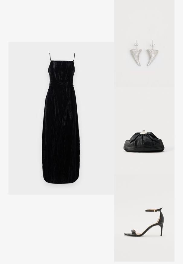 Vestido maxi de terciopelo negro con tirantes finos, un cuerpo ceñido y un cinturón a juego en la cintura. Tejido texturizado con un ligero brillo.; Sándalo de tacón alto de piel negra con tiras en el tobillo. Presenta una textura suave, puntera abierta y un tacón delgado. Detalles de hebilla en tono dorado.; Bolso de mano de cuero negro con textura recogida, cierre de broche metálico y logo en relieve sutil en el frente. Forma redondeada.; Pendientes en forma de cuerno plateado, engastados con pequeñas piedras transparentes, que cuentan con un cierre trasero para su sujeción. Textura suave y acabado metálico.