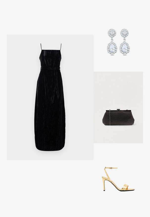 Sort velour maxi kjole med spaghetti stropper, en tætsiddende bodice og et matchende bindebælte i taljen. Teksturér stof med en let glans.; Guld, faux-krokodilleder højhælede sandaler med ankelrem, åben tå, slank stiletto hæl og en glat, blank finish.; Sort mesh clutch-taske med en struktureret silhuet, prydet med små metalstuds, har en låsemekanisme og en aftagelig kæderekke.; Sølvfarvede øreringe med en rund stud med pavé-indstilling og en pæreformet dråbe omgivet af mindre sten, hvilket fremhæver en funkende effekt.