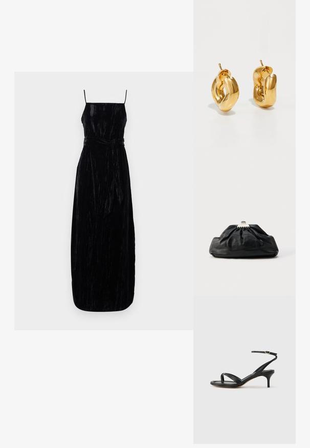 Sort velour maxi kjole med spaghetti stropper, en tætsiddende bodice og et matchende bindebælte i taljen. Teksturér stof med en let glans.; Sort damesandal i læder med tynde remme, en tå-loop, ankelspænde og en mellemhøj stiletthæl på en neutral baggrund.; Sort læderclutch med en samlet tekstur, metal lukning og diskret præget logo på forsiden. Rundet form.; Chunky guld hoop øreringe med et let snoet, rørformet design og postsystem bagpå, på en hvid baggrund.