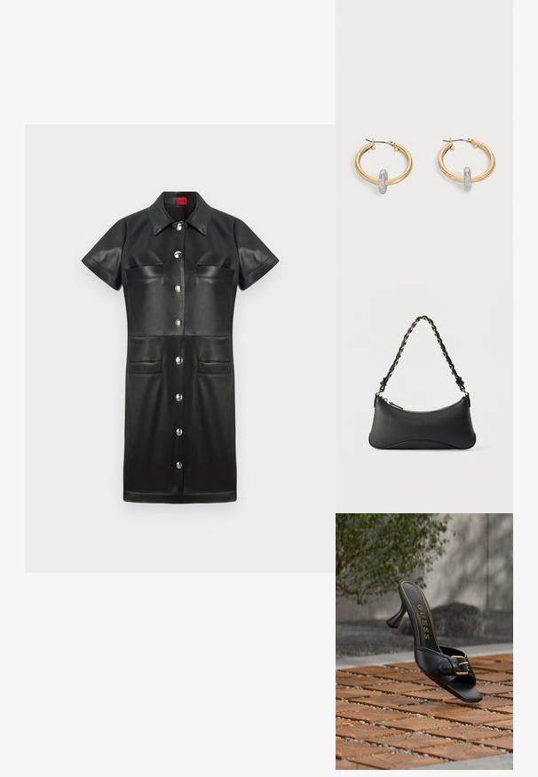 Vestido de cuero negro con mangas cortas, cuello, cierre de botones en la parte delantera y dos bolsillos en el pecho. Presenta herrajes de plata y una textura suave.; Mula negra de tacón alto con hebilla dorada y logo "GUESS" en el interior, situada sobre un suelo de baldosas exteriores con textura y fondo desenfocado de vegetación.; Bolso de hombro de cuero negro con forma rectangular curvada, cadena dorada entrelazada en una correa negra trenzada y cierre superior con cremallera.; Par de pendientes de aro en tono dorado con pequeño detalle de aro en tono plateado en cada uno, expuestos sobre un fondo gris claro.