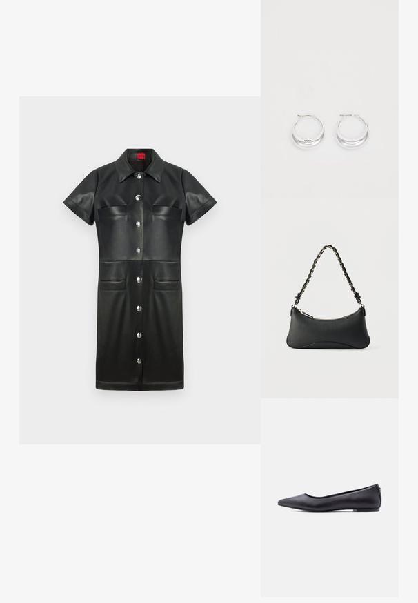 Robe en cuir noire avec des manches courtes, un col, une fermeture à boutons sur le devant et deux poches poitrine. Présente des accessoires en métal argenté et une texture lisse.; Chaussure plate en cuir noire à bout pointu avec petit talon, vue de profil sur fond blanc.; Sac à bandoulière en cuir noir de forme rectangulaire incurvée, avec une chaîne dorée tissée dans la bandoulière noire tressée et une fermeture éclair sur le dessus.; Boucles d'oreilles en argent avec une finition polie et un branding DKNY, présentées sur un fond blanc uni.