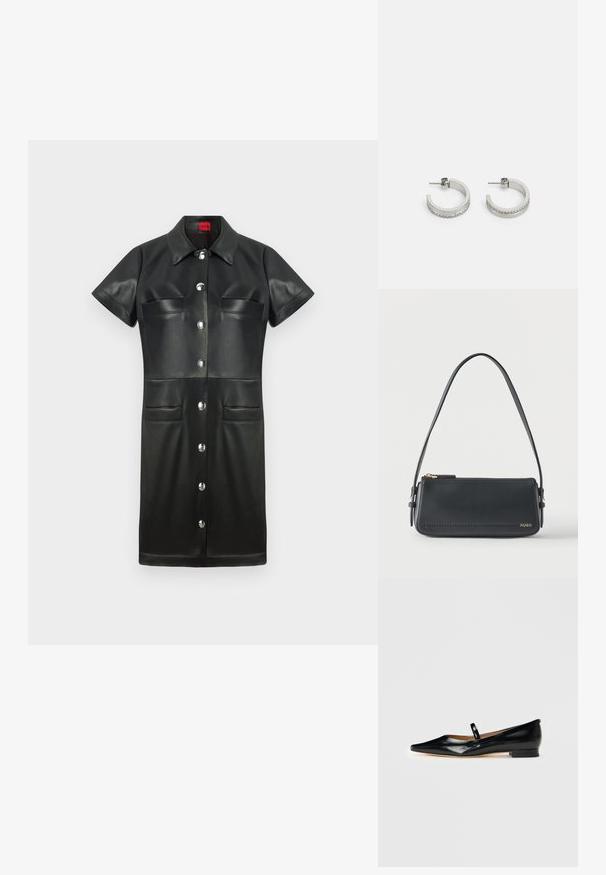 Robe en cuir noire avec des manches courtes, un col, une fermeture à boutons sur le devant et deux poches poitrine. Présente des accessoires en métal argenté et une texture lisse.; Chaussure plate Mary Jane en cuir verni noir, à bout pointu, avec une seule sangle et un petit talon sur fond uni.; Sac à bandoulière rectangulaire en cuir noir avec fermeture éclair dorée et petit logo "HUGO" doré sur le devant, doté d'une sangle réglable avec boucle.; Boucles d'oreilles en argent en forme de créoles présentant une surface lisse et une rangée de petites pierres claires le long du bord inférieur, avec une fermeture à tige.