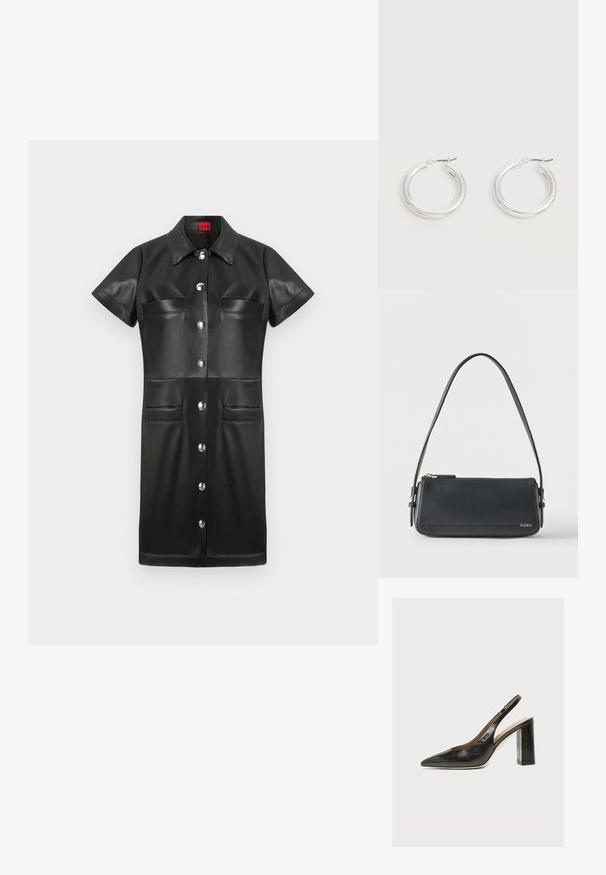 Robe en cuir noire avec des manches courtes, un col, une fermeture à boutons sur le devant et deux poches poitrine. Présente des accessoires en métal argenté et une texture lisse.; Chaussure slingback femme en cuir noir avec bout pointu et talon bloc épais et haut sur fond blanc.; Sac à bandoulière rectangulaire en cuir noir avec fermeture éclair dorée et petit logo "HUGO" doré sur le devant, doté d'une sangle réglable avec boucle.; Paire de boucles d'oreilles créoles moyennes argentées brillantes avec de fines attaches métalliques sur un fond clair et neutre.