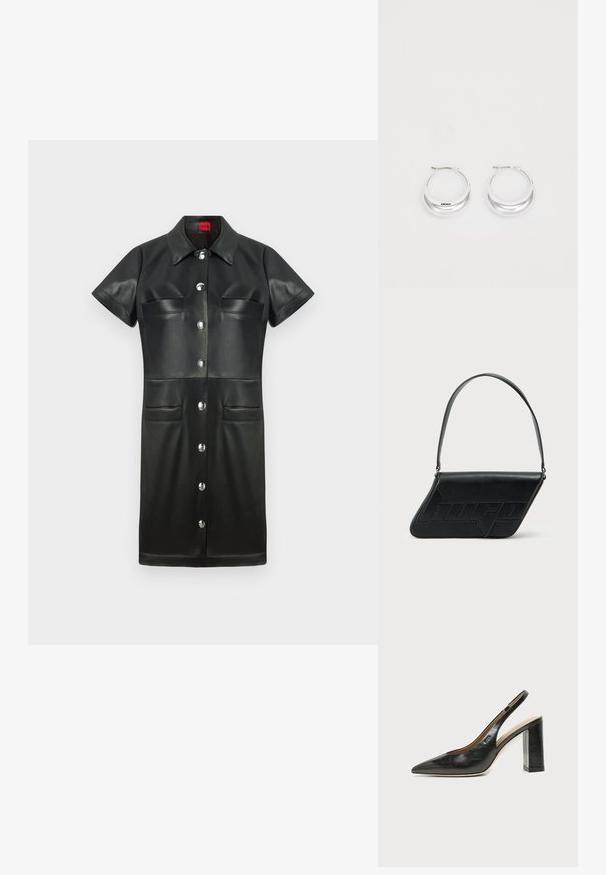 Robe en cuir noire avec des manches courtes, un col, une fermeture à boutons sur le devant et deux poches poitrine. Présente des accessoires en métal argenté et une texture lisse.; Chaussure slingback en cuir noir à bout pointu avec un talon bloc haut et une doublure intérieure beige sur un fond clair uni.; Sac d'épaule en cuir noir de forme triangulaire, avec un logo embossé et une seule bandoulière réglable. Design minimaliste avec une texture lisse.; Boucles d'oreilles en argent avec une finition polie et un branding DKNY, présentées sur un fond blanc uni.