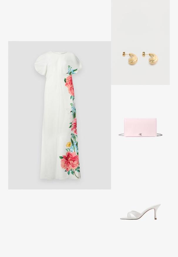 Witte bloemenjurk met korte mouwen, met een kleurrijk bloemenontwerp in roze, blauw en groen aan één kant. Glad stof, rechte pasvorm.; Witte mule met open teen, gekruiste bandjes en een slanke hak van middelhoogte, zijaanzicht op een witte achtergrond.; Set van kleine gouden oorringen met een gedraaide vorm en subtiele stergravures, gefotografeerd van voren met vlinderachterkanten.; Lichtroze rechthoekige leren clutch met zilveren kettingband en klein zilveren CK-logo aan de voorkant in het midden.