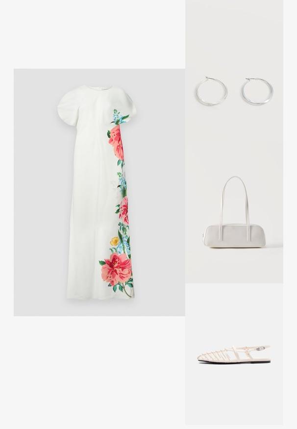 Witte bloemenjurk met korte mouwen, met een kleurrijk bloemenontwerp in roze, blauw en groen aan één kant. Glad stof, rechte pasvorm.; Platte beige sandaal met meerdere dunne bandjes, enkelgesp en een zwarte zool, getoond vanuit de zijaanzicht op een witte achtergrond.; Witte rechthoekige schoudertas met lange dunne bandjes, minimale stiksels en ritssluiting op een effen achtergrond.; Zilverkleurige metalen creolen oorbellen met een glad, licht gebogen oppervlak en sluitingen met haaksluiting op een effen witte achtergrond.