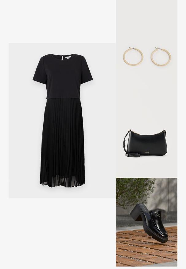 Schwarzes Kleid mit einem kurzärmligen Oberteil und einem gefältelten Rock. Glattes Material im oberen Bereich und strukturierte, fließende Falten im unteren Bereich. Rückenschlitz mit Schlüssellochverschluss.; Schwarze Leder-Slip-on-Mule von Calvin Klein mit Blockabsatz, die auf Holzfliesen im Freien nahe einer grünen Pflanze und einer grauen Wand ruht.; Schwarze Leder-Schultertasche von Calvin Klein mit goldenem Reißverschluss und verstellbarem Riemen auf schlichtem hellem Hintergrund.; Paar mittelgroße, glatte Creolen in Goldton mit Scharnier-Verschlüssen auf einem einfarbigen hellen Hintergrund.