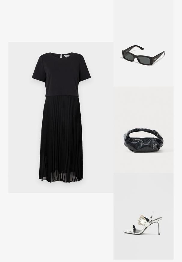 Vestido negro con un top de mangas cortas y falda plisada. Tejido suave en la parte superior y plisados texturizados y fluidos abajo. Cierre en forma de ojal en la parte posterior.; Sandalia de tacón alto plateada con una delgada correa en los dedos, una hebilla decorativa cerca del tobillo y suela interior negra.; Gafas de sol rectangulares negras con lentes oscuros. Presentan un marco de plástico liso y la marca "vogue" en las patillas.; Bolso negro hecho de un material brillante y texturizado con un asa circular retorcida y un cierre de cremallera. Presenta un diseño suave y arrugado.