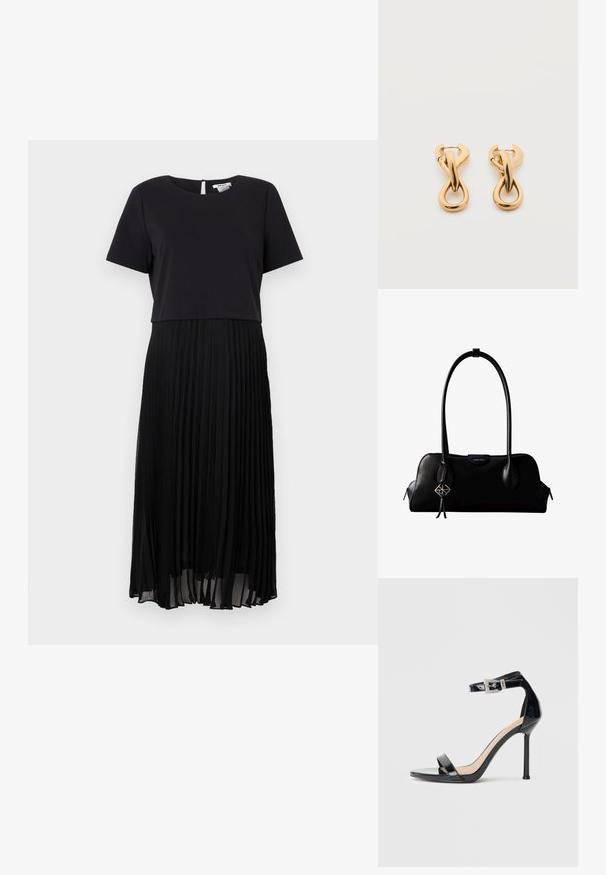 Schwarzes Kleid mit einem kurzärmligen Oberteil und einem gefältelten Rock. Glattes Material im oberen Bereich und strukturierte, fließende Falten im unteren Bereich. Rückenschlitz mit Schlüssellochverschluss.; Schwarzer Riemchensandale aus Lackleder mit hohem Absatz und Knöchelriemen. Verfügt über ein minimalistisches Design, offene Zehenpartie und eine Schnalle mit Strassakzenten.; Schwarze Lederhandtasche von Calvin Klein mit langen Henkeln, einem vorderen Logo-Tag und einem silbernen geometrischen Anhänger, der an einem Henkel hängt.; Paar glänzende goldfarbene Creolen mit verschlungenem, verdrehtem Design auf schlichten weißem Hintergrund.