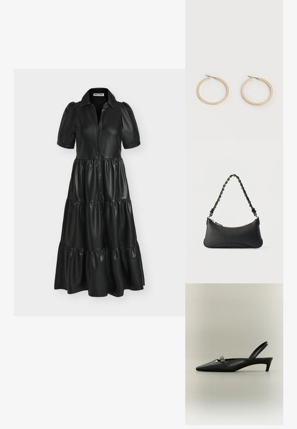 Robe midi noire en similicuir avec manches courtes bouffantes, boutonnage sur le devant, jupe à volants et col pointu.; Escarpin slingback en cuir noir avec talon kitten, bout pointu et petite boucle dorée sur un fond uni.; Sac à bandoulière en cuir noir de forme rectangulaire incurvée, avec une chaîne dorée tissée dans la bandoulière noire tressée et une fermeture éclair sur le dessus.; Paire de boucles d'oreilles créoles moyennes lisses ton or avec fermoirs à charnière sur fond clair uni.