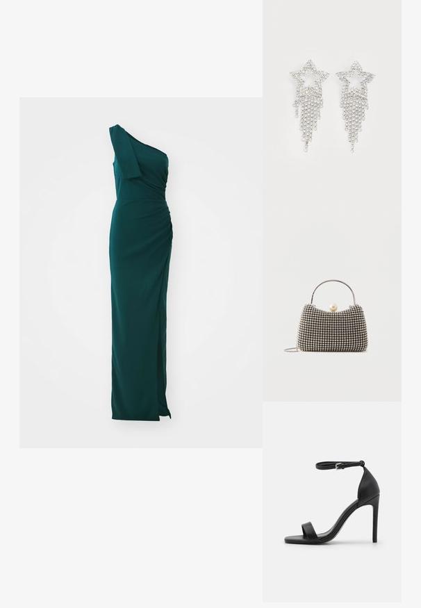 En skulderlang, smaragdgrøn kjole med samlet design og en sideslids. Fremstillet i glat stof med en tætsiddende liv og en flydende nederdel.; Sort højhælet sandal med et sleek design, der har en ankelrem, åben tå og glat lædertekstur.; Lille håndtaske med sølv gittermønster, buet håndtag, stor perle lukning og en tynd sølvkæde strop på en ensfarvet baggrund.; Rhinestone stjerne øreringe med dryppende frynsedetaljer, præget af sølvfarve og en blank, reflekterende overflade. Stjernedesign med detaljeret udformning.