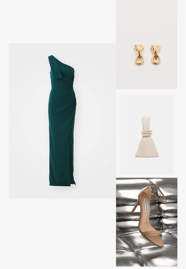 En skulderlang, smaragdgrøn kjole med samlet design og en sideslids. Fremstillet i glat stof med en tætsiddende liv og en flydende nederdel.; Nude højhælede sandaler med ankelrem og en glat, blank overflade, sat mod en metalgrå tufted baggrund.; Lille plisseret beige håndtaske med et knyttet håndtag og tre runde perlearmbånd viklet omkring midten.; Par af skinnende guldfarvede hoop-øreringe med snoet, flettet design på en enkel hvid baggrund.