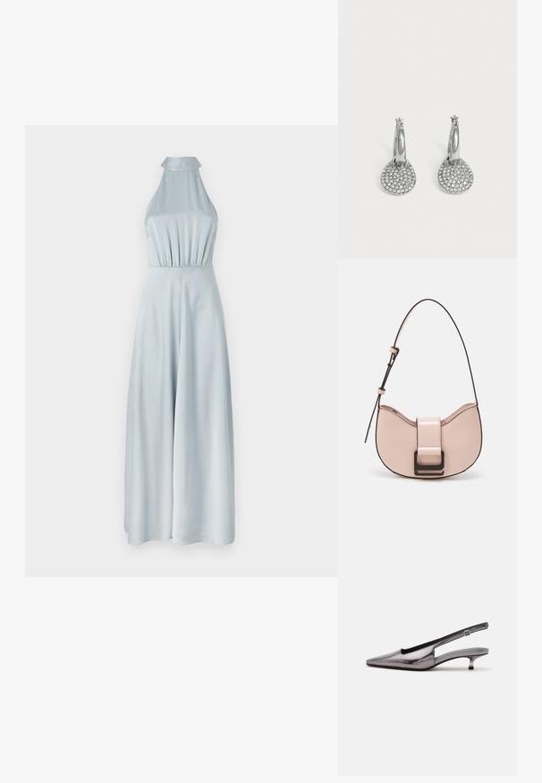 Jumpsuit azul claro sin mangas hecho de tela suave, con un corsé ajustado y pantalones de pierna ancha para una silueta estilizada.; Zapato slingback gris metálico con punta puntiaguda, tacón bajo tipo kitten y correa ajustable sobre fondo blanco.; Pequeño bolso de piel rosa curvado con un acabado brillante, que presenta una correa de acento negra y un gran cierre de broche negro. Diseño cruzado.; Pendientes de aro plateados con colgantes redondos y planos incrustados con pequeños cristales transparentes sobre un fondo claro y liso.