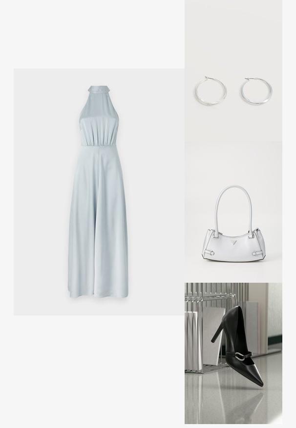 Jumpsuit azul claro sin mangas hecho de tela suave, con un corsé ajustado y pantalones de pierna ancha para una silueta estilizada.; Zapato de tacón alto negro con puntera y correa con hebilla plateada, colocado sobre una superficie reflectante cerca de un organizador de archivos metálico que sostiene papeles.; Bolso de mano plateado con un diseño estructurado, que cuenta con dos asas, textura brillante, herrajes de acento y un logo triangular en la parte frontal.; Pendientes de aro de metal plateado con superficie lisa y ligeramente curvada y cierre de tipo mosquetón sobre un fondo blanco liso.