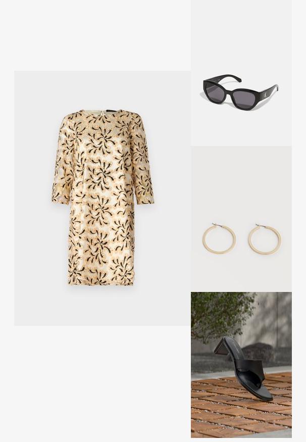 Vestido bordado con mangas tres cuartos, que presenta un patrón floral negro sobre una tela ligera de color beige claro. Cuello redondo, largo hasta la rodilla.; Sandalia de tacón negra de Calvin Klein con lazo en el dedo sobre un suelo de baldosas de madera al aire libre, cerca de un árbol y un muro de piedra.; Gafas de sol negras con un diseño elegante y angular, lentes oscuros y un logo plateado en contraste en el lateral. Textura de plástico suave.; Par de pendientes de aro de tamaño mediano con tono dorado y cierre de bisagra sobre un fondo claro y liso.