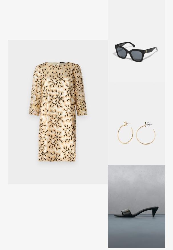 Vestido bordado con mangas tres cuartos, que presenta un patrón floral negro sobre una tela ligera de color beige claro. Cuello redondo, largo hasta la rodilla.; Sandalia de tacón abierta de cuero negro con un logo dorado en la correa, flotando sobre una superficie exterior de baldosas con vegetación al fondo.; Gafas de sol negras con una forma cuadrada audaz, que cuentan con lentes oscuros y un acento de logo dorado en una de las varillas. Fabricadas en material plástico brillante.; Pendientes de aro dorados con un diseño redondo y liso, y un acabado pulido. Cuentan con un respaldo de presión seguro y una construcción ligera.