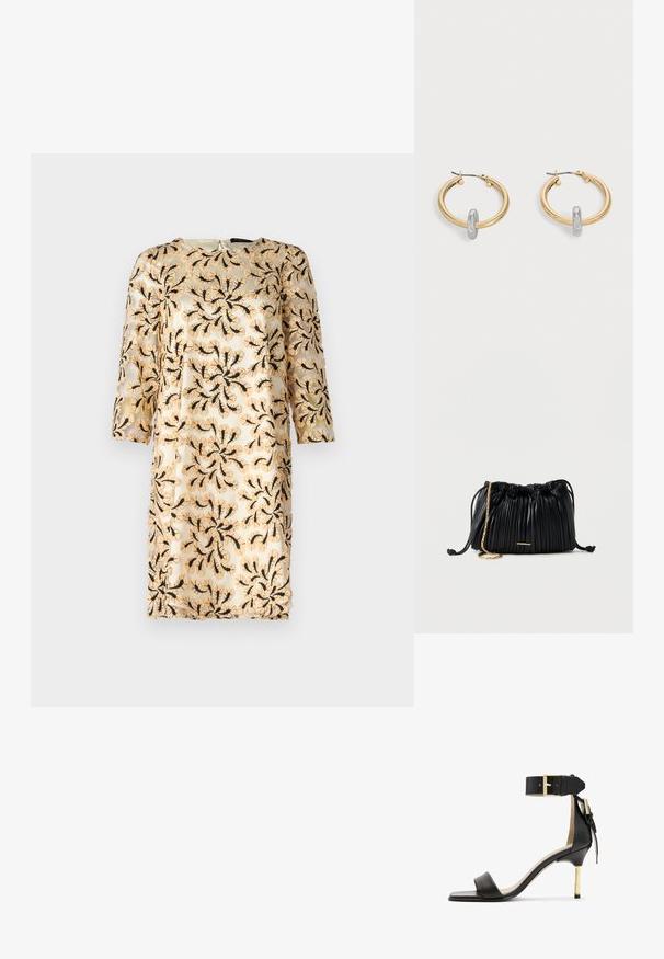 Vestido bordado con mangas tres cuartos, que presenta un patrón floral negro sobre una tela ligera de color beige claro. Cuello redondo, largo hasta la rodilla.; Sándal de tacón de cuero negro con punta cuadrada, correa en el tobillo con hebilla dorada y un tacón metálico esbelto. Textura suave, diseño minimalista.; Bolso de mano negro de cuero plisado con cordón ajustable, cadena dorada como asa y un pequeño detalle horizontal dorado en la parte frontal.; Par de pendientes de aro en tono dorado con pequeño detalle de aro en tono plateado en cada uno, expuestos sobre un fondo gris claro.