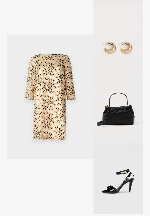 Vestido bordado con mangas tres cuartos, que presenta un patrón floral negro sobre una tela ligera de color beige claro. Cuello redondo, largo hasta la rodilla.; Sандalia de tacón alto de charol negro con dobles correas en el tobillo y hebillas doradas, punta abierta y tacón delgado y afilado sobre un fondo neutro.; Bolso de piel negra con parte superior fruncida, una asa corta y una correa de hombro removible. Presenta un acento de logo dorado y una textura suave.; Dos pendientes de aro dorados brillantes en un diseño curvado, con acentos naranjas cerca del poste, sobre un fondo blanco liso.