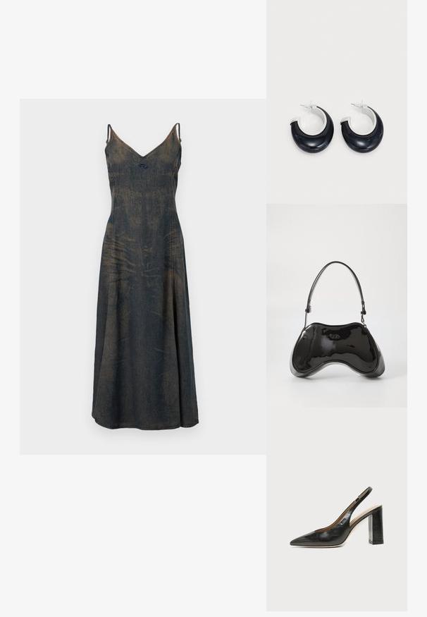 Jeanskleid mit V-Ausschnitt, dünnen Trägern und einem fließenden Rock. Das Material hat eine ausgewaschene dunkelblaue Farbe, die subtile Unterschiede in der Textur zeigt.; Schwarzer Leder-Slingback-Schuh mit spitzer Kappe, hohem Blockabsatz und beigegefüttertem Innenraum vor hellem, einfarbigem Hintergrund.; Schwarze Handtasche aus lackiertem Leder mit einer einzigartigen, geschwungenen Form, kurzem verstellbarem Griff und einem Reißverschluss oben. Glatte Textur mit dezentem Branding.; Schwarze Harz-Hoops mit glänzender Oberfläche und silberfarbenen Hardware-Details. Zirkulare Form mit Ausschnitt und Post-Back-Verschluss.