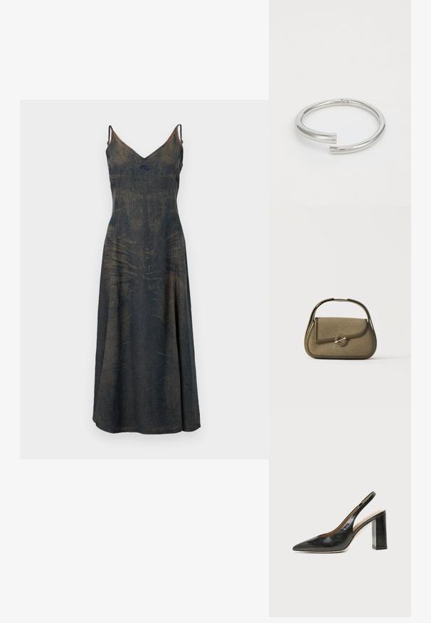 Jeanskleid mit V-Ausschnitt, dünnen Trägern und einem fließenden Rock. Das Material hat eine ausgewaschene dunkelblaue Farbe, die subtile Unterschiede in der Textur zeigt.; Schwarzer Leder-Slingback-Schuh mit spitzer Kappe, hohem Blockabsatz und beigegefüttertem Innenraum vor hellem, einfarbigem Hintergrund.; Kleine olivgrüne Handtasche mit abgerundeten Kanten, einem oberen Griff und einer Klappe, die durch einen runden Metallverschluss gesichert ist.; Calvin Klein SPIRAL - Armband - silver-coloured