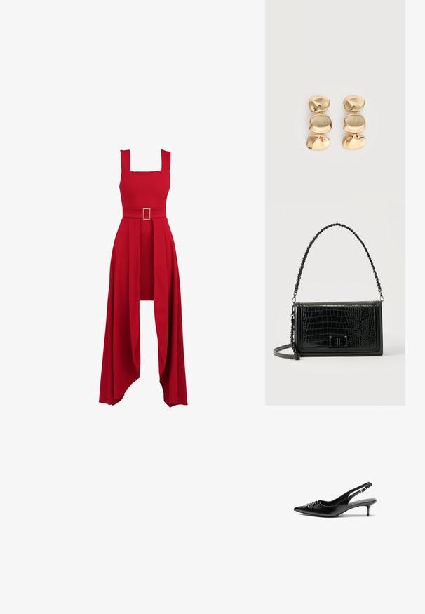 Rød kjole med firkantet udskæring, tætsiddende overdel, bredt bælte med rectangular spænde og en flydende, plisseret nederdel der hænger.; Sorte læder slingback-pumps med spids tå, lav kitten-hæl og rynket detalje på overdelen. Glat tekstur og minimalistisk design.; Sort skuldertaske i læder med krokodillemønster, rektangulær form, stroppen med kædedetalje og frontlukning med drejelås.; Øreringe i guldfarve med dråbeform og tre uregelmæssige, glatte, afrundede segmenter stablet lodret på en enkelt lys baggrund.