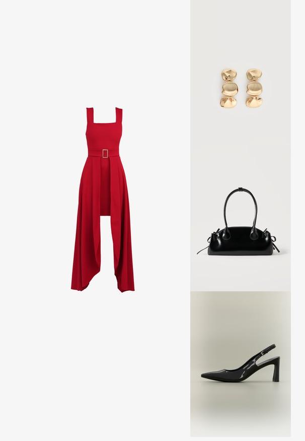 Rode jurk met een vierkante halslijn, aansluitende top, brede riem met een rechthoekige gesp, en een vloeiende, geplooide rok die soepel valt.; Zwarte lakleren slingbackpump met spitse neus, midhoogte blokhak en verstelbare gespsluiting.; Kleine zwarte glanzende handtas met twee lange hengsels en zijkant trekkoord details op een effen lichte achtergrond.; Oorbellen in goudkleur met drie onregelmatige, gladde, afgeronde segmenten die verticaal opgestapeld zijn op een egale lichte achtergrond.