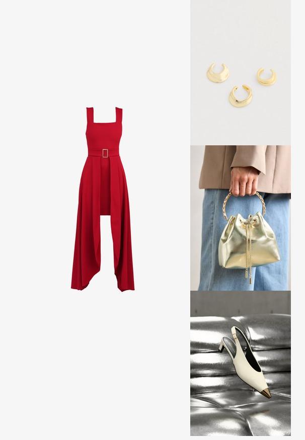 Rød kjole med firkantet udskæring, tætsiddende overdel, bredt bælte med rectangular spænde og en flydende, plisseret nederdel der hænger.; Hvid slingback højhælet sko med guld spids tåhætte, vist på en skinnende metallisk sølv polstret overflade.; Metallic guld bucket taske med snøre lukning, prydet med et guldkæde håndtag og to dekorative kædetræk foran.; Tre skinnende guld åben cuff-stil ringe med glatte, buede overflader arrangeret på en lys grå baggrund.