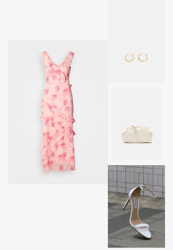 Robe rose à imprimé floral avec des volants le long de l'encolure et de la jupe. Tissu fluide, design en V et silhouette ajustée avec des détails en couches.; Sandale blanche à talon haut avec lanière à la cheville, bout pointu, texture en cuir lisse, et talon aiguille fin. Étiquette "Steve Madden" visible.; Pochette en cuir souple couleur crème avec un design froncé et une fine bandoulière reposant à l’avant sur un fond uni.; Boucles d'oreilles en or en forme de créole avec une surface texturée et irrégulière. Présentent un design léger et une forme circulaire, adaptées à un port quotidien.