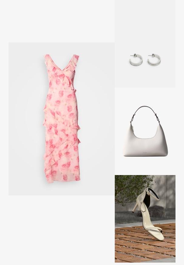 Vestido rosa con estampado floral y volantes en el escote y la falda. Tejido fluido, diseño de escote en V y silueta ajustada con detalles en capas.; Sandalia de tacón alto beige con correa en el tobillo, sobre listones de madera al aire libre, con fondo desenfocado de vegetación y concreto.; Bolso de hombro de cuero color crema de Calvin Klein con borde superior curvado, cremallera plateada y correa ajustable marrón oscuro.; Pendientes de aro plateados con una superficie lisa y una fila de pequeñas piedras transparentes a lo largo del borde inferior, con cierre de perno.