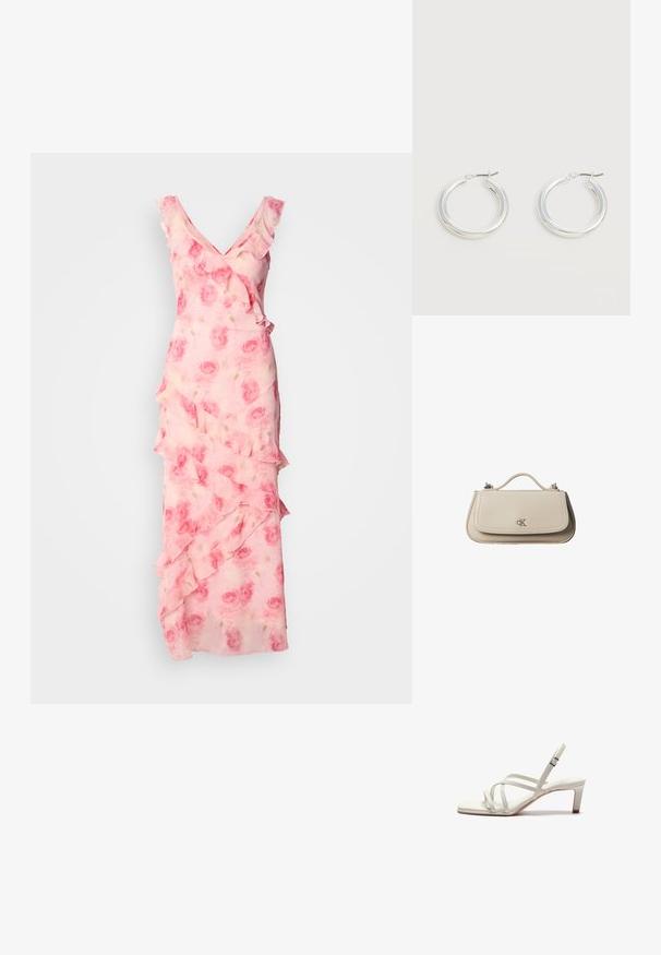 Robe rose à imprimé floral avec des volants le long de l'encolure et de la jupe. Tissu fluide, design en V et silhouette ajustée avec des détails en couches.; Zign by Zalando Escarpins - off white; Petit sac à main en cuir beige avec poignée supérieure et logo CK argenté sur le rabat avant, présenté sur fond blanc.; Paire de boucles d'oreilles créoles moyennes argentées brillantes avec de fines attaches métalliques sur un fond clair et neutre.