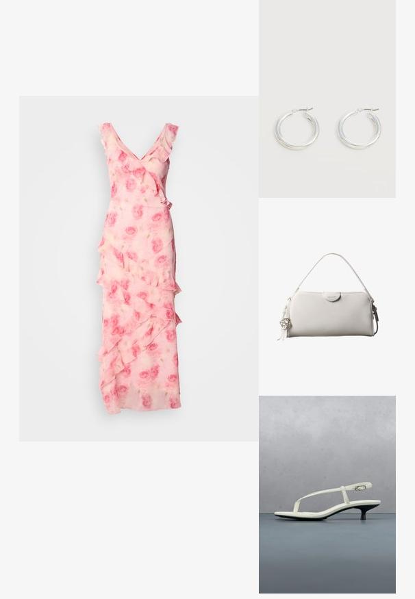 Vestido rosa con estampado floral y volantes en el escote y la falda. Tejido fluido, diseño de escote en V y silueta ajustada con detalles en capas.; Sandalia blanca de tacón kitten con tiras y punta afilada, flotando sobre un suelo de baldosas de madera al aire libre, con un fondo desenfocado de plantas y pared.; Bolso rectangular blanco de Calvin Klein con un solo asa, diseño minimalista y borlas decorativas con un charm metálico geométrico en el lateral.; Par de pendientes de aro plateados brillantes de tamaño mediano con cierres metálicos finos sobre un fondo neutro claro.