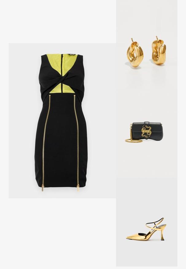 Zwarte jurk met een gele inzet, voorste twistdetail en gouden ritsen langs de zijkanten voor extra ontwerpcontrast.; Gouden metallic hoge hak schoen met een spitse neus, open zijkant, gekruiste bandjes bij de enkel en een uniek gevormde hak.; Zwarte lederen schoudertas met gouden kettingriem en decoratieve gouden slangen gesp met het "Just Cavalli" logo.; Dik gouden creolen met een licht gedraaide, buisvormige ontwerp en een schroefsluiting op een witte achtergrond.
