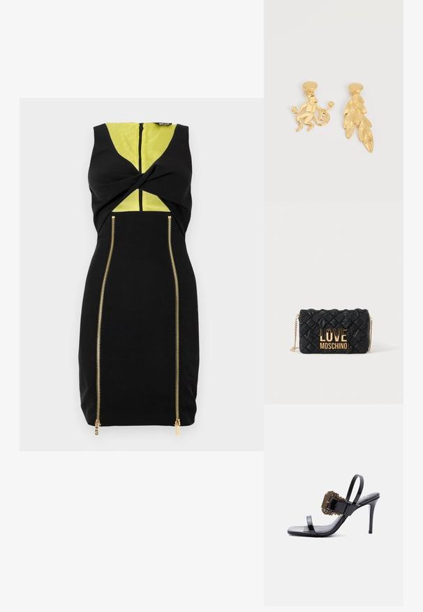 Vestido negro con un panel amarillo, detalle de torsión en el frente y cremalleras doradas a lo largo de los lados para añadir contraste al diseño.; Sandalia de tacón alto de charol negro con tiras delgadas y una gran hebilla dorada ornamentada en la tira frontal.; Bolso bandolera negro acolchado con correa de cadena dorada y gran logo dorado "LOVE MOSCHINO" en el frente.; Pendientes de botón en tono dorado, uno con forma de mono sosteniendo círculos, el otro con diseño texturizado de hoja ovalada.