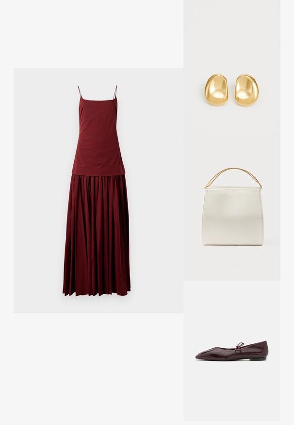 Vestido sin mangas color marrón tostado con un top ajustado y una falda fluida y plisada. Hecho de una tela ligera, cuenta con finas tirantes tipo espagueti.; Bailarinas de cuero sintético burdeos con puntera puntiaguda y un lazo decorativo morado en el empeine; diseño de suela plana.; Bolso estructurado con acabado de satén, color crema, con una correa de cadena para el hombro. Presenta una textura plana y lisa, con costuras limpias.; Pendientes de studs en color dorado con una forma suave y redondeada y una superficie reflectante, que exhiben un diseño minimalista y sin patrones visibles.