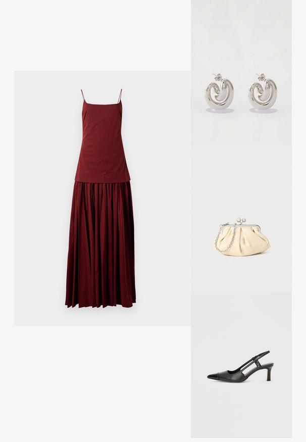 Robe sans manches bordeaux avec un haut ajusté et une jupe fluide plissée. Confectionnée en tissu léger, elle dispose de fines bretelles spaghetti.; Chaussure à bride arrière en cuir noir avec bout pointu, dotée d'un accent brillant sur le bout et d'un talon de hauteur moyenne. Design latéral ouvert.; Pochette en cuir beige plissé avec un cadre en métal argenté, dotée de deux fermoirs ronds décoratifs et d'une chaîne en argent.; Boucles d'oreilles en métal argenté avec un design tourbillonnant, présentant des surfaces lisses et une finition polie, maintenues par un fermoir en papillon.