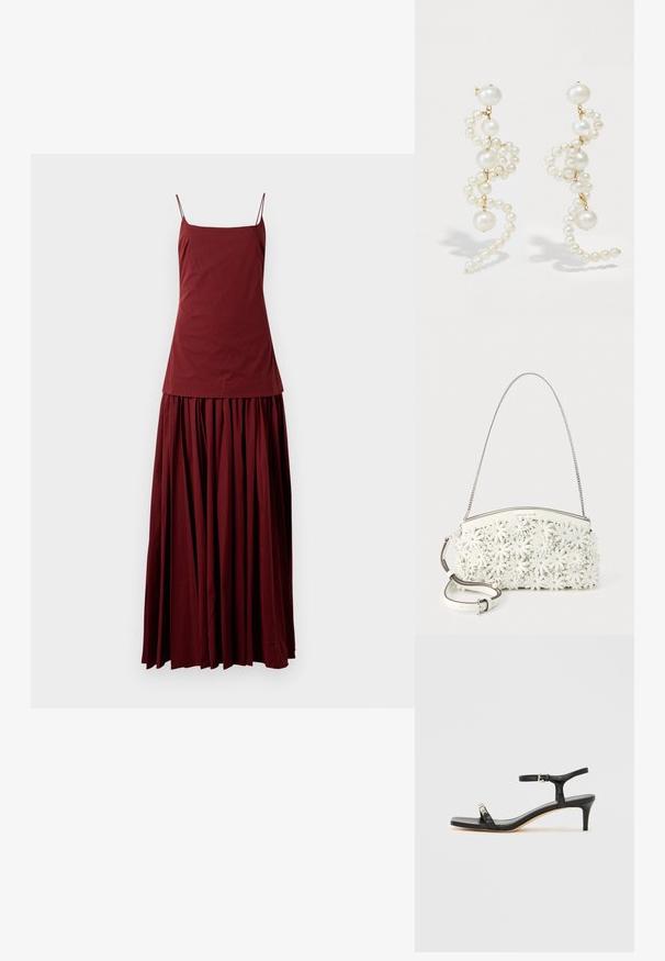 Ærmeløs maroon kjole med en tætsiddende top og en svajende, plisseret nederdel. Lavet af letvægtsstof, har den tynde spaghettistropper.; Sort læder sandal med hæl og ankelrem, åben tå, firkantet front og sølvfarvede metalaccenter. Figurformet design med en slank profil.; Hvid håndtaske med kæde-rem, dækket af 3D blomsterapplikationer med metalnitter i midten og en aftagelig skulderrem i læder.; Hvide perleøreringe med et snoet design, der har varierende størrelser af perler og guld accenter. Glat overflade og elegant form.
