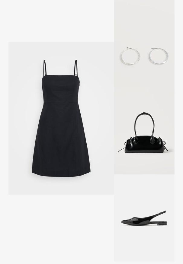 Vestido negro con tirantes finos, cuerpo ajustado y falda acampanada. Hecho de una tela suave con un diseño limpio y sencillo, sin patrones visibles.; Zapatos de charol negro tipo slingback con puntera afilada y tacón bajo. Textura suave, diseño minimalista, parte trasera abierta y silueta elegante.; Pequeño bolso negro brillante con dos asas largas y detalles de cordón lateral sobre un fondo claro liso.; Pendientes de aro de metal plateado con superficie lisa y ligeramente curvada y cierre de tipo mosquetón sobre un fondo blanco liso.