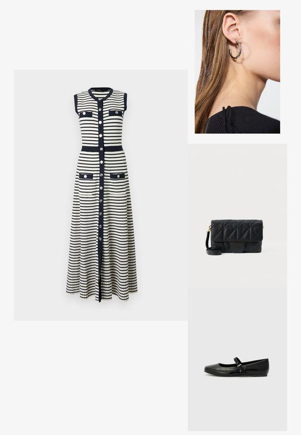 Robe en maille sans manches, longueur complète, avec des rayures horizontales noires et blanches, boutons argentés sur le devant, quatre poches à rabat et bordures noires.; Ballerines en cuir noir avec un bout arrondi, une semelle plate et une fine sangle ajustable sur le cou-de-pied avec une boucle en métal.; Sac en cuir matelassé noir avec un rabat, accents en métal doré et une bandoulière amovible. Surface texturée avec des coutures diagonales.; Boucle d'oreille en argent avec une finition polie, présentant de petits détails en or et de forme ronde, portée sur le lobe.