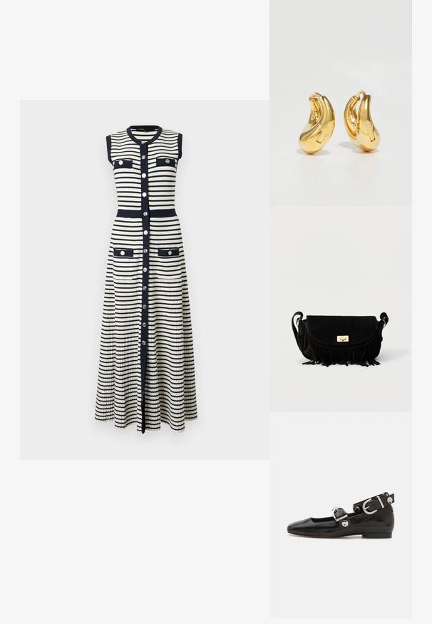 Robe en maille sans manches, longueur complète, avec des rayures horizontales noires et blanches, boutons argentés sur le devant, quatre poches à rabat et bordures noires.; Ballerine en cuir verni noir avec un bout carré, sangle de cheville avec des détails en métal argenté et semelle plate. Texture lisse avec un design minimaliste.; Sac bandoulière en daim noir avec fermoir doré, sangle réglable et détail à franges le long du bord inférieur sur un fond uni.; Boucles d'oreilles en or en forme de d'anneaux lisses et courbés avec une finition polie. Équipées d'un mécanisme de fermeture et de légères indentations pour le détail.