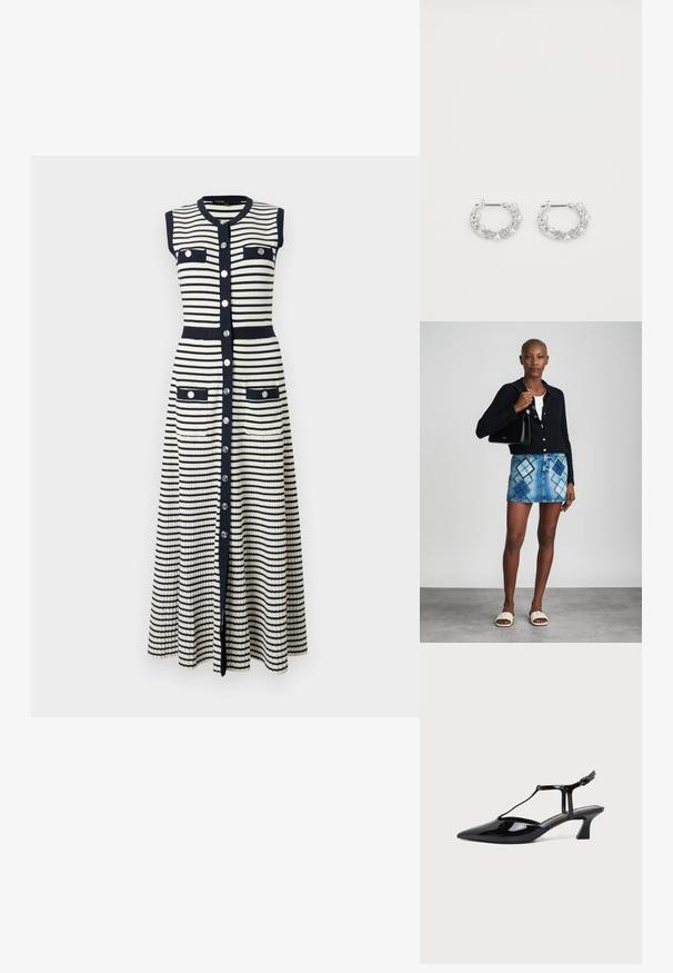 Robe en maille sans manches, longueur complète, avec des rayures horizontales noires et blanches, boutons argentés sur le devant, quatre poches à rabat et bordures noires.; Chaussure slingback en cuir verni noir à bout pointu avec bride en T et petit talon bloc incliné sur fond blanc.; Un cardigan en maille noir, un haut blanc, une jupe en denim avec un motif de diamants bleus et noirs, un sac à main noir et des sandales à enfiler beiges.; Boucles d'oreilles en argent en forme de créoles avec des accents de perles et de cristaux, présentant une surface texturée et une fermeture à tige sécurisée.