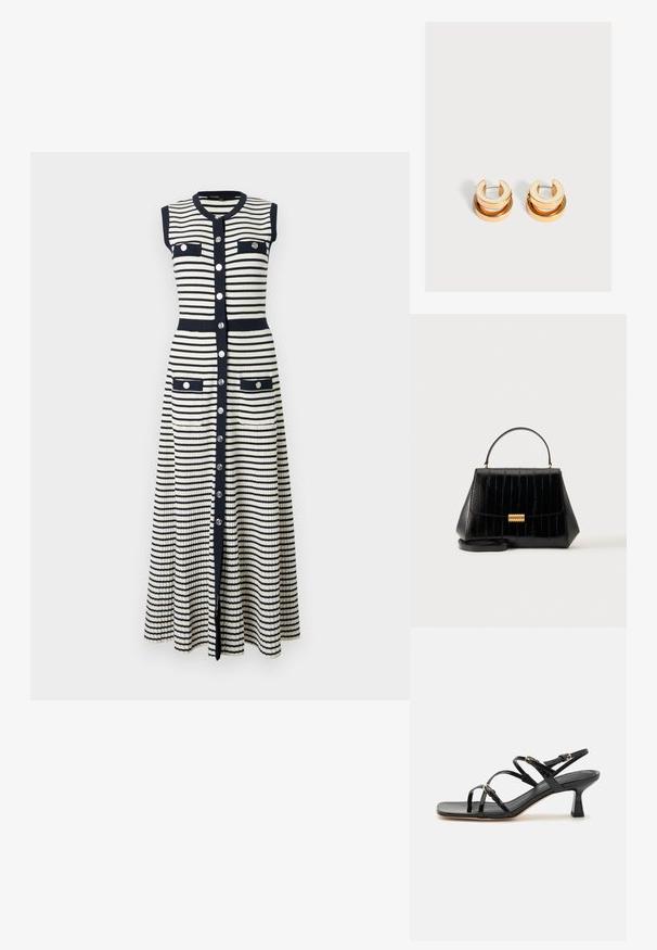Robe en maille sans manches, longueur complète, avec des rayures horizontales noires et blanches, boutons argentés sur le devant, quatre poches à rabat et bordures noires.; Sandales à strapes en cuir verni noir avec un bout carré et un petit talon carré. Présente des accessoires en métal doré et des brides de cheville réglables.; Sac à main en cuir noir avec poignée supérieure, fermoir doré et bandoulière amovible sur un fond clair uni.; Paire de boucles d'oreilles créoles ton or avec une forme de croissant plus large en haut et un anneau rond suspendu en dessous de chacune.