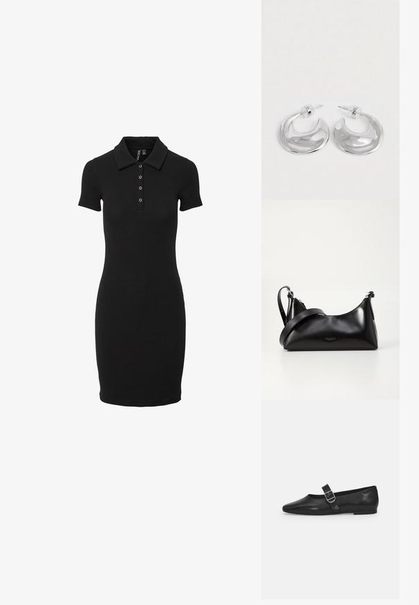 Schwarzes, geripptes Polokleid mit schlanker Passform, kurzen Ärmeln und einem Kragen mit drei Knöpfen auf der Knopfleiste. Durchgehend glatte Textur.; Schwarzer Lederflatschuh mit runder Zehenform, einem verstellbaren Schnallenriemen und einer glatten, glänzenden Oberfläche. Minimalistisches Design mit einem niedrigen Absatz.; Schwarze lederne Handtasche mit glatter Textur. Verfügt über einen verstellbaren Riemen und ein elegantes, minimalistisches Design mit einem Reißverschluss.; Ein Paar polierte silberne, halbmondförmige Creolen mit klaren Kunststoffrückseiten auf einer weißen Oberfläche.